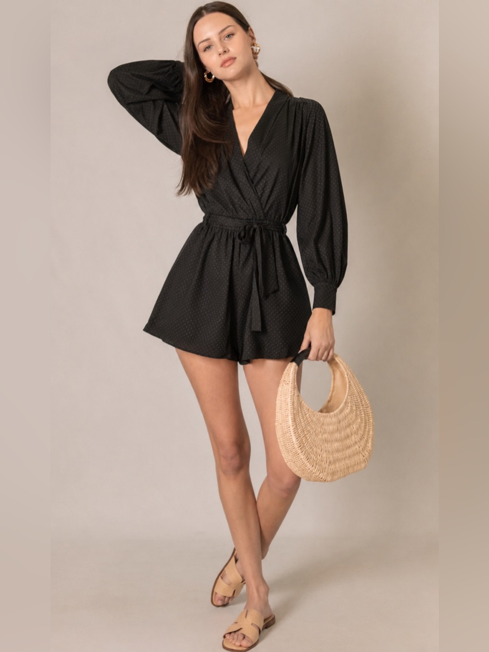 Maisie Nordstrom Black Longsleeve V-Neck Silk Shorts Romper Jumpsuit